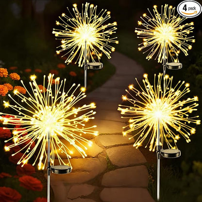 Dream Master Solar Garden Lights, 4 Pack 120 LEDs Solar Lights Outdoor Waterproof, 8 Modes Fireworks Light, Valentines Day Decorations for Yard, Pathway, Walkway, Pool, Warm White