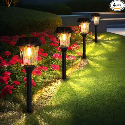 Solar Lights Outdoor Waterproof, Glass & Stainless Steel LED Stake Lamps, Dimmable 12/25 Lumens IP65, Auto On/Off Solar Powered Lighting for Patio, Sidewalk, Front Yard, Walkway (4 Pack Warm White)