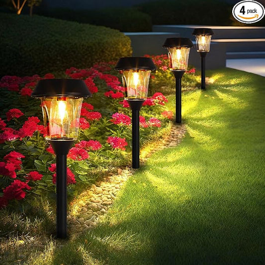 Solar Lights Outdoor Waterproof, Glass & Stainless Steel LED Stake Lamps, Dimmable 12/25 Lumens IP65, Auto On/Off Solar Powered Lighting for Patio, Sidewalk, Front Yard, Walkway (4 Pack Warm White)