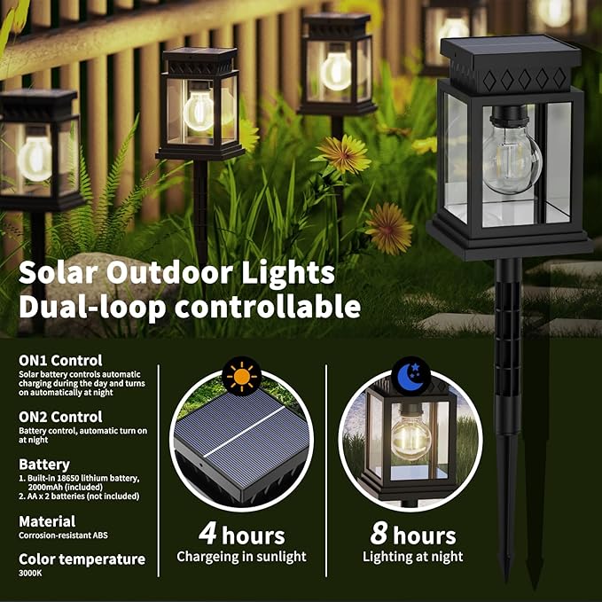 Bright Solar Pathway Lights Outdoor: 8x8cm Large Panel & 2000mAh Battery for Longer Lighting, Dual Power (Solar + Dry Cell), Waterproof Warm White Garden Yard Driveway Lights (4 Pack)