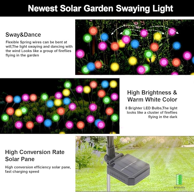 Swaying Solar Firefly Lights Outdoor, 8 Modes RGB Color Changing Firefly Swaying Solar Garden Lights for Outside Christmas Yard Patio Pathway Plant Landscape Garden Decor Multicolor(2 Pack)