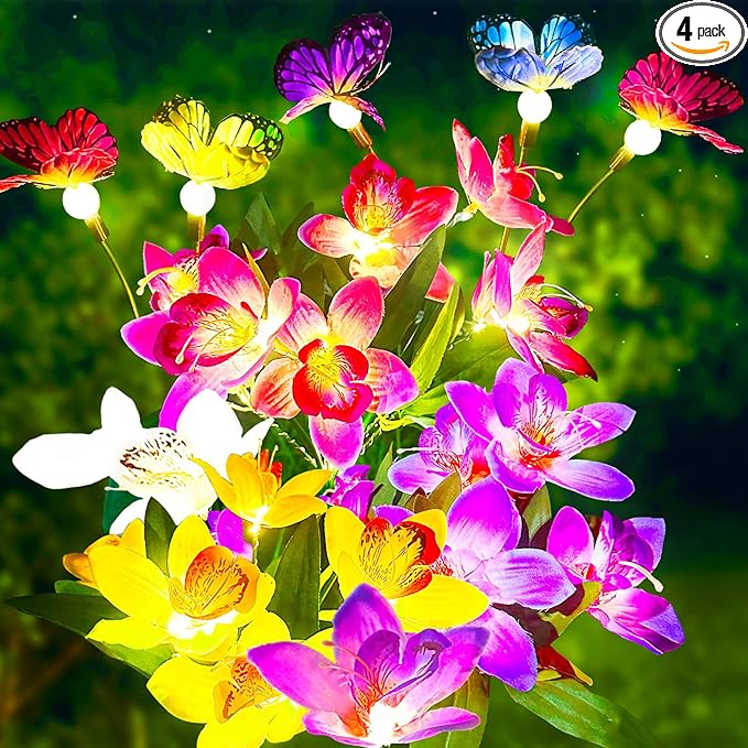 Solar Garden Lights, 4 Pack Solar Flower Lights Outdoor Waterproof, Swaying Butterfly with Flowers, Garden Decoration for Flower Bed Yard Patio, Gift for Mom Christmas