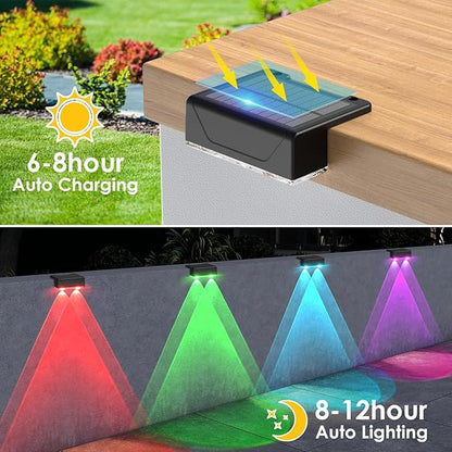 Solar Fence Lights Outdoor - Warm White & RGB 6 Color, Dusk to Dawn Deck Light, IP55 Waterproof Garden Lights for Outside/Backyard/Railing/Step/Patio/Wall (2PK)