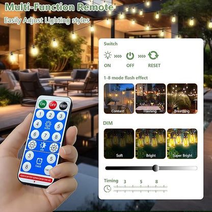 100FT Solar String Lights, Waterproof Solar Powered Patio Lights, 3 Light Modes with Remote & USB Port, 30 LED Shatterproof Bulbs, Dimmable, Timer for Camping Backyard Cafe, Black