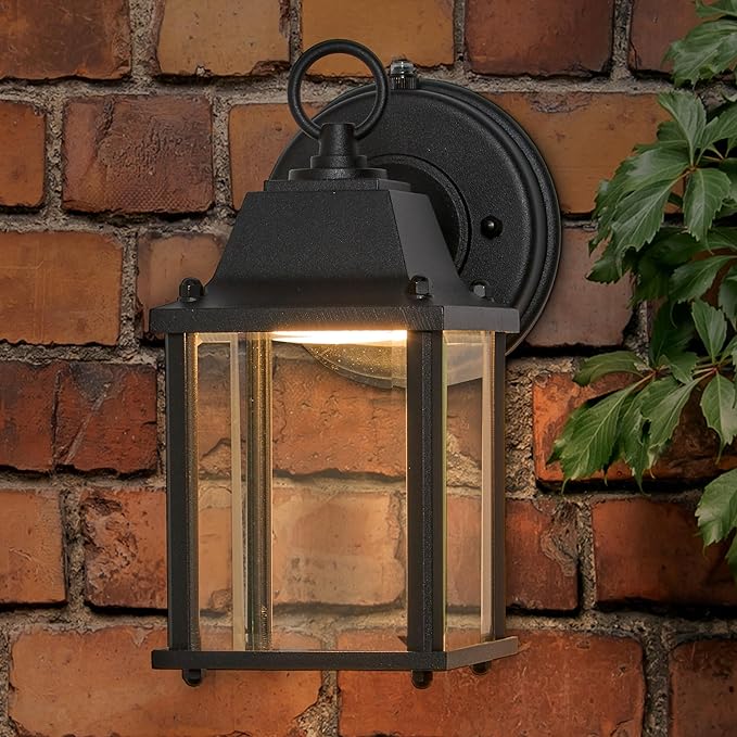 Maxxima LED Porch Lantern Outdoor Wall Light - Features Clear Glass, 3000K Warm White, 650 Lumens, Dusk to Dawn Photocell Light Sensor, Patio or Porch Sconce Fixture for Exterior Lighting - Black