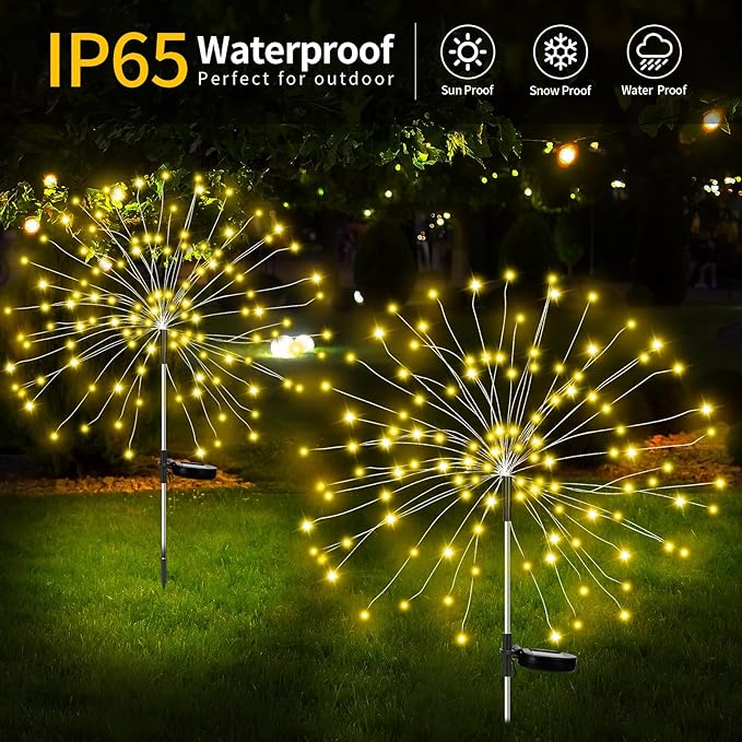 Solar Lights for Garden Decoration,Christmas 600 LED Fairy Lights Solar Powered Starburst Lamp Outdoor Firework Decorative Pathway Lighting 8 Different Modes Waterproof Warm Color 4 Pack