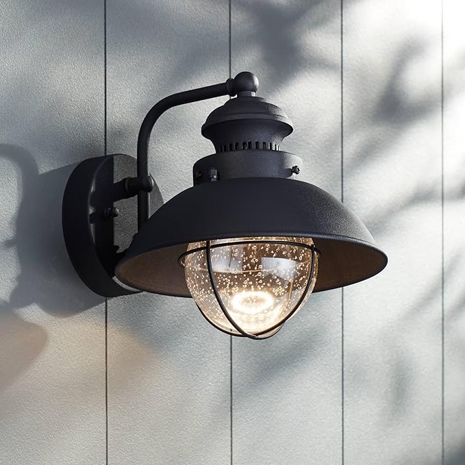 John Timberland Fordham Farmhouse Rustic Industrial Outdoor Wall Light Fixture LED Black Metal 8" Seedy Glass | Lumora