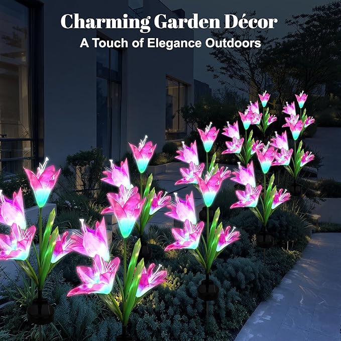 Solar Powered Lily Flower Lights Outdoor, Waterproof Color Changing Garden Lights with Large Solar Panel, 2 Pack for Patio, Yard, Pathway Decoration