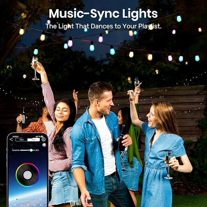 Smart Outdoor String Lights, 50FT RGB+IC & Warm White Christmas Outdoor Lights with 20 LED Dimmable Bulbs, String Lights with APP Control&Remote, IP65 Waterproof, 210 Modes for Christmas Patio,Balcony