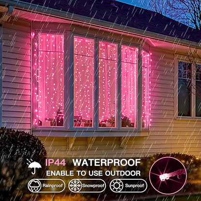 suddus Curtain Lights for Bedroom, 300 Led 9.8ft x 9.8ft Hanging String Lights Outdoor, Fairy Curtain Lights for Backdrop, Window, Wall, Wedding, Party,Birthday Decoration,Pink