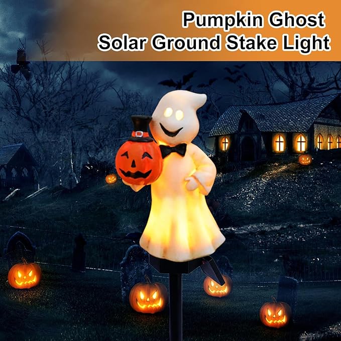 2pcs Ghost Solar Outdoor Lights, Halloween Ghost Solar Pathway Lights, Waterproof Outdoor Resin Figurine Lamp with Stake for Garden Patio Yard Pathway Decorative