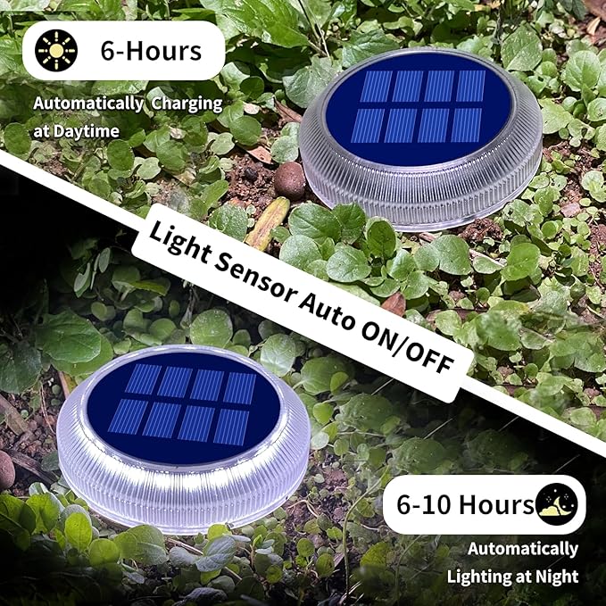 Solar Deck Lights Outdoor Waterproof, 6 Pack White Round Deck Lights Solar Powered, Flat Stick on Ground Disc Light | Lumora