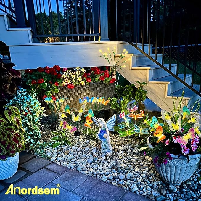 Anordsem Solar Garden Lights Outdoor: 8 Removable Optical Fiber Butterflies 2 Pack - Waterproof Fun Animal | Lumora