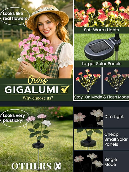 GIGALUMI Solar Lights Outdoor for Garden Decor, 4 Pack Solar Flower Lights Waterproof, 2 Lighting Modes 28 Carnation Flowers for Pathway,Yard, Patio Decoration, Gardening Gifts for Women (Pink)
