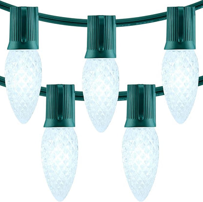 YULETIME Cool White C9 LED Christmas Lights, 25 Feet 25 Count 12" Spacing Faceted Strawberry Bulbs UL Certified Outdoor String Light Set (Cool White)