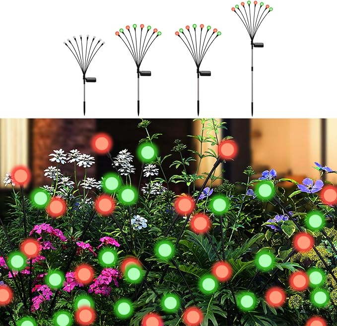 Swaying Solar Firefly Lights Outdoor, 8 Modes Red and Green Firefly Swaying Solar Garden Lights Waterproof for Outside Christmas Yard Patio Pathway Plant Landscape Garden Decor(R&G 4 Pack)