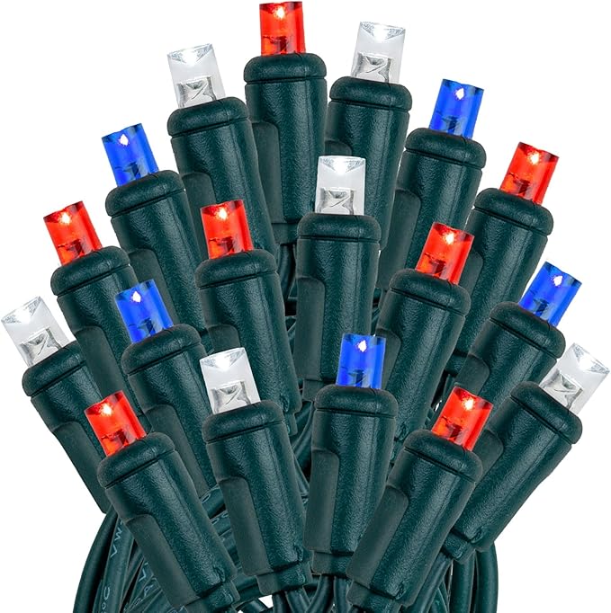 Novelty Lights 25ft 50 LED Red/Pure White/Blue Christmas Lights Outdoor/Indoor, 6" Spacing, Green Wire String Lights for Festive Xmas Lighting, IP55, UL Listed, Dimmable, Connectable