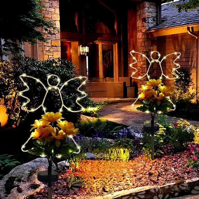 Lmtocs New Version Solar Angel Lights with Sunflower, 2 Modes Cemetery Angel for Grave Decorations, Waterproof Outdoor Angel Solar Lights for Christmas Yard Patio Pathway Memorial Grave Decorations