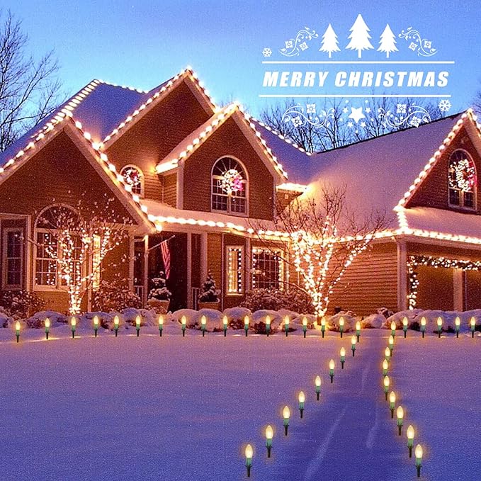 Brightown Christmas Pathway String Lights Outdoor - 25.7 Ft. C9 20 Clear Lights with 20 Stakes Connectable Waterproof for Indoor Xmas Party Holiday Commercial Decoration, Warm White
