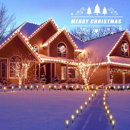 Brightown Christmas Pathway String Lights Outdoor - 25.7 Ft. C9 20 Clear Lights with 20 Stakes Connectable Waterproof for Indoor Xmas Party Holiday Commercial Decoration, Warm White