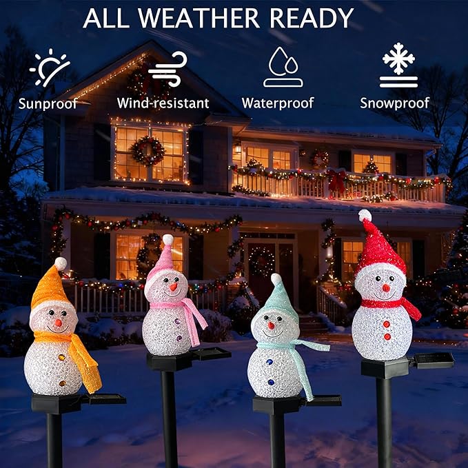 Solar Christmas Pathway Lights Outdoor Decoations, 4 Color Waterproof Snowman Stake Solar Garden Lights, Yard Lawn Walkway Landscape Patio Christmas Decorations Outdoor LED Lights