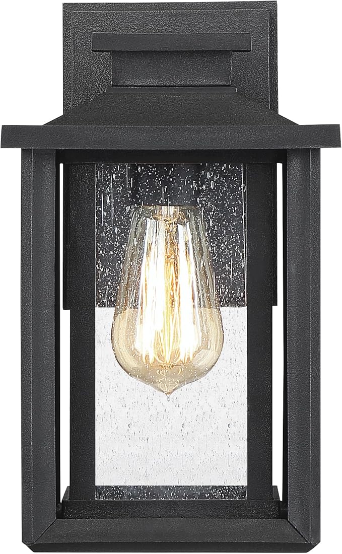 Quoizel Wakefield Vintage Wall Sconce, Coastal Armour 11 Inch 1-Light Earth Black Wall Lantern, Clear Seedy Glass Light Fixtures, 100W Medium Base Bulb, Outside Lights for Patio, Porch or Garage