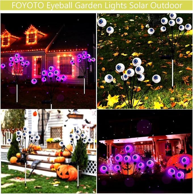 Garden Lights Solar Outdoor Halloween Decoration,2 Packs Total 16 LED Halloween Eyeballs Lights for Garden Yard Pathway Halloween Swaying Waterproof Decor- Purple