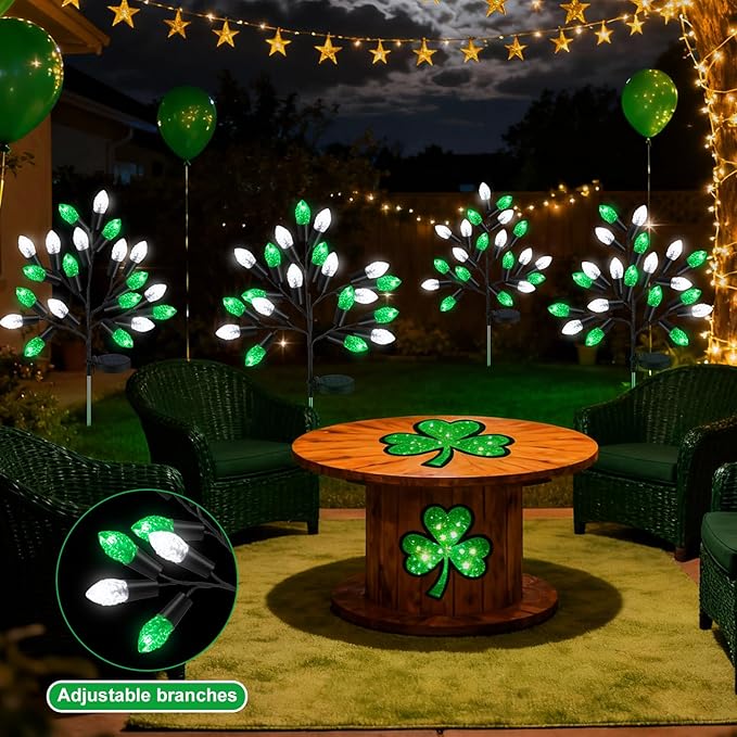 4 Pcs ST Patricks Day Solar Pathway Lights Outdoor Decorations 28" Irish Shamrock Stake Light Waterproof Yard 8 Modes 80 LEDs Green White Tree for Walkway Path Garden Patio Decor