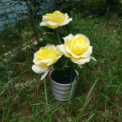 LED Solar Power Decorative Artificial Rose Flower Pot Plant Landscape Light Night Lamp Outdoor Garden Yard Pathway Lawn Grassland Yellow