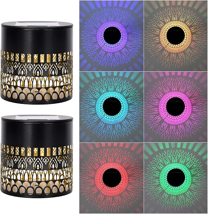 Solars Mandala Fence Lights Outdoors,7 Colors RGB Waterproof Decorative Mandala Solars Lights , Metal Solars Powered Deck Steps Walls Lights for Garden Yard Fence Patio Pathway (Life Rings*2PCS)