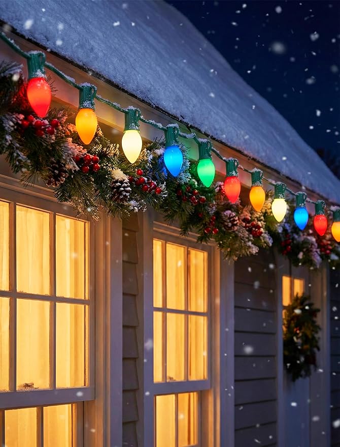 C7 Incandescent Christmas Lights Outdoor,Colored Christmas Tree Lights with 27 Glass 5w Bulbs(2 Spare),Vintage Xmas Lights Outdoor for Holiday/Paty/Patio/House Decor,E12 Base,Green Wire