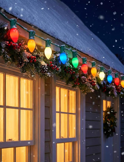 C7 Incandescent Christmas Lights Outdoor,Colored Christmas Tree Lights with 27 Glass 5w Bulbs(2 Spare),Vintage Xmas Lights Outdoor for Holiday/Paty/Patio/House Decor,E12 Base,Green Wire