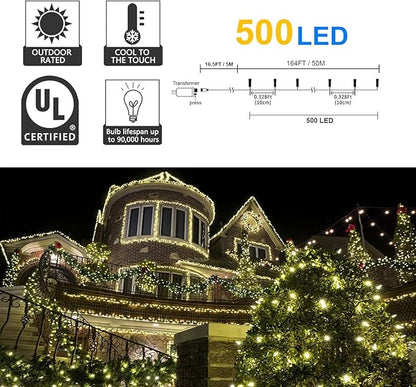 kemooie 500 LED Christmas Lights, 164FT 8 Lighting Mode with Memory Plug in Waterproof Christmas Lights Outdoor, for Birthday Christmas Tree Wedding Party Garden Balcony Decorations (Warm White)