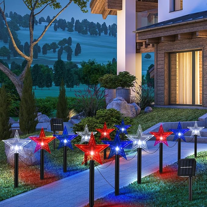 VIHOSE 12 Pcs 4th of July Star Stake Light LED Red White Blue Pathway Lights Markers Solar Waterproof Outdoor Lighted Decorations Independence Day Patriotic Decorations for Garden Yard Lawn
