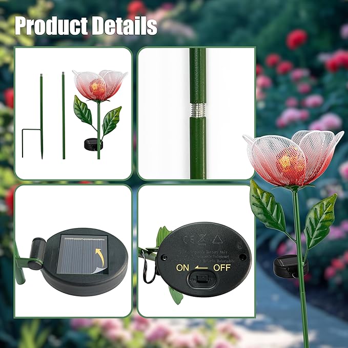 Solar Garden Lights,2 Pack Solar Metal Flowers with Breathing Light,Yard Pathway Lights Outdoor Solar Powered,Outside Lights for Yard Garden Outdoor Pathway Decor