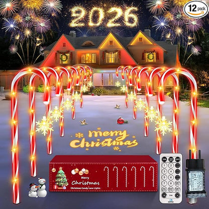 HELESIN 12 Piece Light Chain Candy Cane, LED Candy Stick Christmas Lighting Outdoor with Sparkling Snowflake, 12 Lighting Modes Candy Sticks Christmas Decor for Lawn, Terrace, Gifts