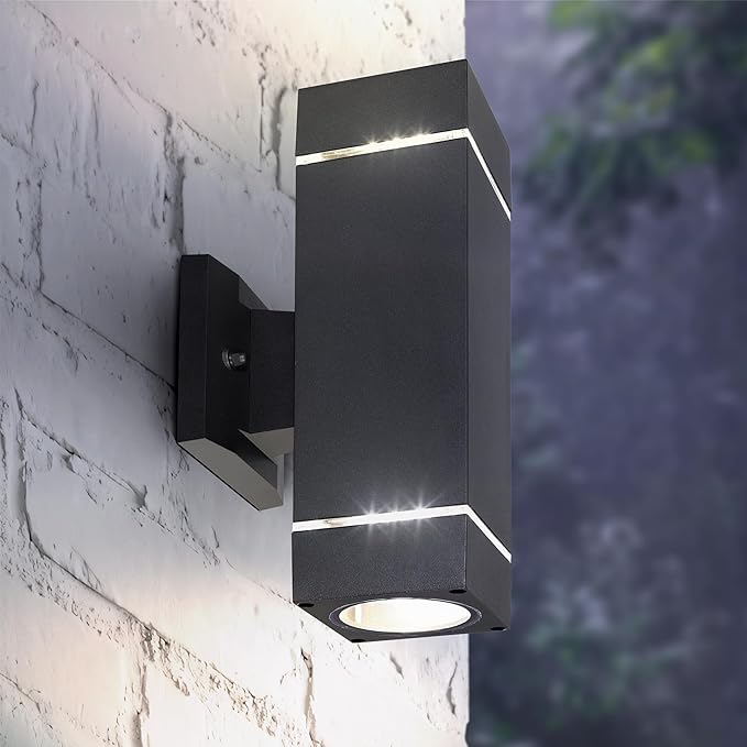 ASD 2 Light Square LED Indoor & Outdoor Wall Light Fixture | 18W 1180LM 3000K-5000K 100-277V Cylinder Up Down Lights | Dimmable Front Door, Porch, Patio Exterior Wall Sconce | Ringed Black, ETL