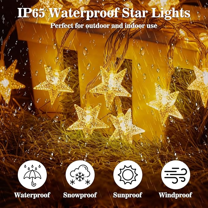 Star String Lights, 33ft 100 LED 8 Modes Star Fairy Lights Battery Operated Waterproof Indoor Outdoor for Bedroom Patio Party Wedding Tent Loft Bed Xmas Tree Decor, Warm White