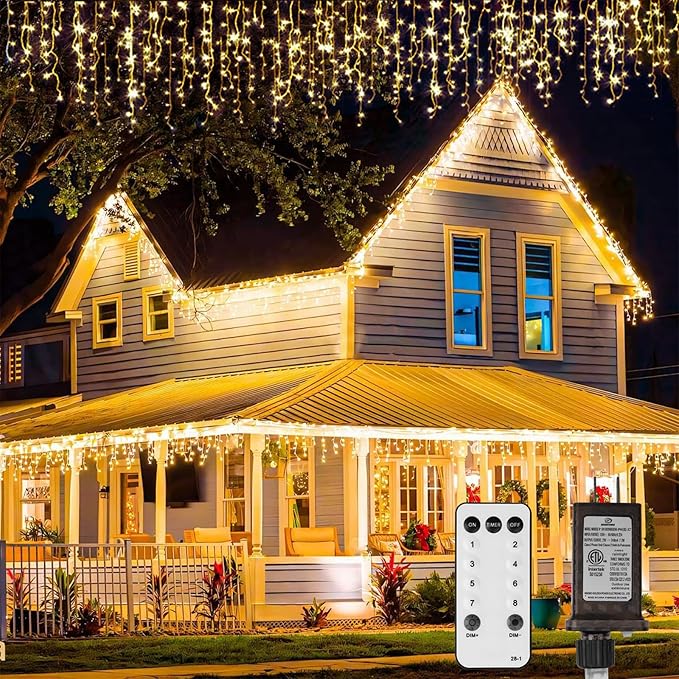 LED Icicle Lights for Outdoor Christmas Decorations,78.7Ft 800 LEDs Christmas Fairy Light with Timer&Memory Function,8 Lighting Modes,Plug in hanging Curtain Lights for Xmas Party Wedding(Warm White)