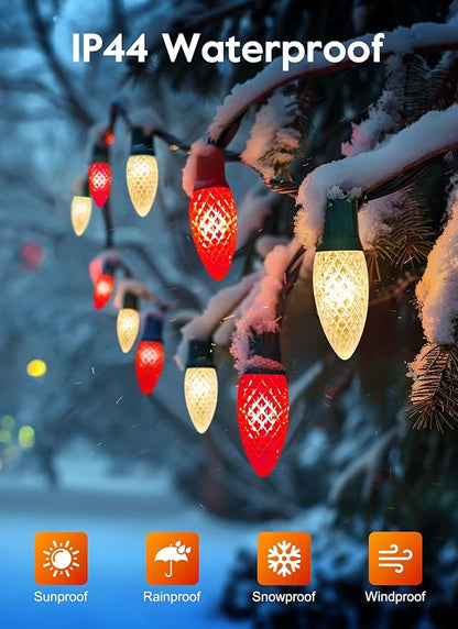 Outdoor Christmas Lights, 100 Ft C9 LED Commercial String Lights with Red and Warm White Strawberry C9 Bulbs, Waterproof Connectable UL Certified C9 Lights for Indoor Yard Xmas Tree House Decor