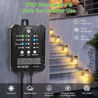 8 Pack Low Voltage LED Deck Lights Kit with Plug-in Transformer, Dusk-to-Dawn Photocell Sensor and Timer, IP67 Waterproof 3000K Outdoor Step Stair Lights for Deck, Patio, Fence and Landscape Lighting