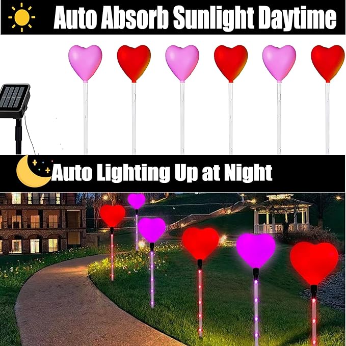 6 Packs Outdoor Pathway Lights-Solar Powered Heart Garden Path Stake for Valentines Day Decor Waterproof Red Pink Hearts Shaped Lighting for Porch Walkway Romantic Wedding Party Yard Lawn Decorations