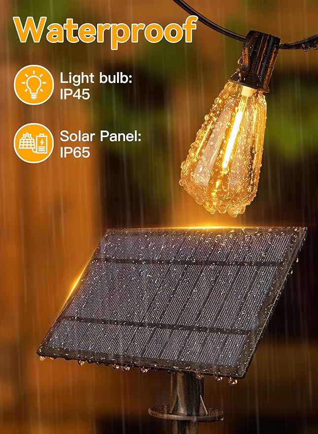 Ollny 15+1 LEDs ST38 Solar String Lights, 30 FT USB & Solar Dual Charging Outdoor String Lights, 3 Modes 5 Timers 10 Brightness 2200K Waterproof Patio Lights for Porch Garden Market Bistro Camping