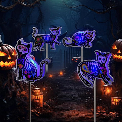 Retisee 4 Pack Halloween Black Cat Solar Lights Outdoors Solar Cat Lamp Yard Decorations Halloween Party Favors Waterproof Lights for Pathway Lawn Porch Warm White LED
