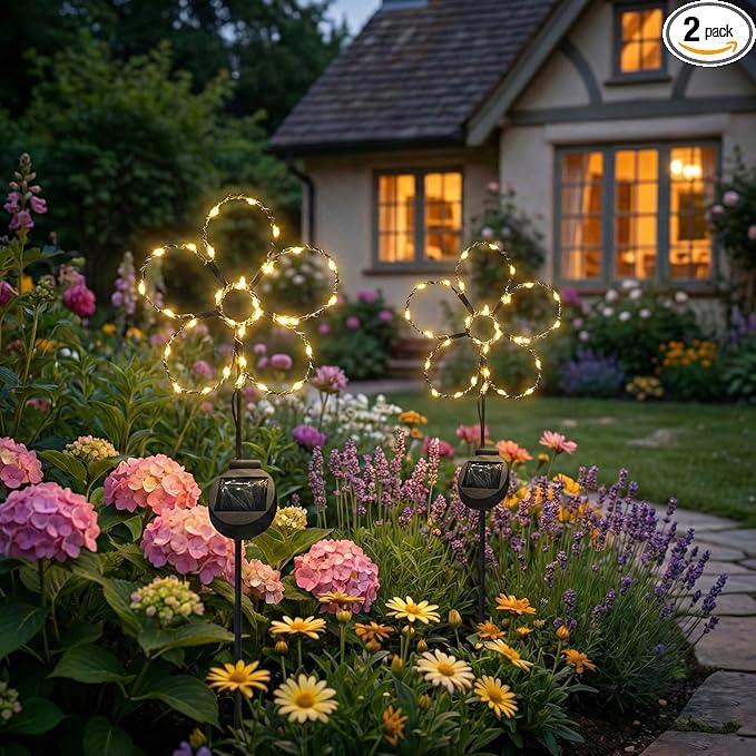 Touch Of ECO Outdoor Solar Powered LED Decorative Garden Stake Light - 2 Pack Warm White Flower Design - Great Decor for Yard, Patio, Lawn, Planter-Makes a Great Gift
