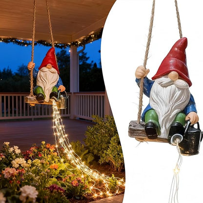 Watering Can Solar Lights Garden Gnomes Hanging Statues, Swing Gnome Cascading LED Decorations for Outside Backyard Yard Patio Tree Wall, Hoswarming Birthday Gifts for Woman Mom Grandma