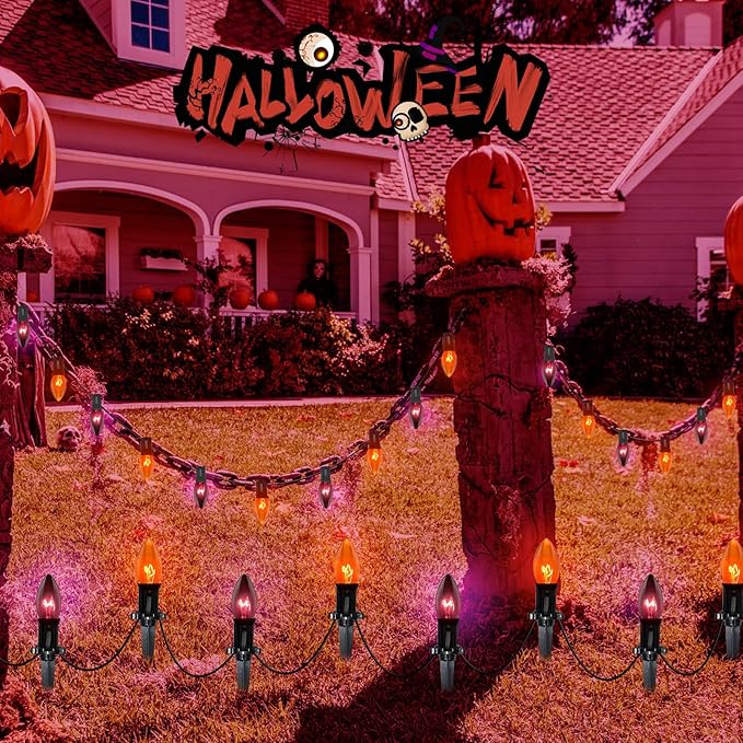Halloween Pathway Lights Outdoor,19.5Ft C9 Halloween Stake Lights with 10 Clear Orange Black C9 Bulbs, Connectable | Lumora
