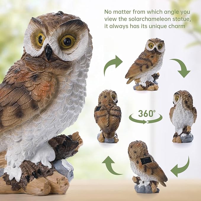 Solar Owl Garden Outdoor Statue,Owl Figurine Sculpture with LED Lights for Porch Patio Lawn Yard Deck Spring Decor - Ideal Easter Day Housewarming Christmas Gift for Women Men Owl Lover(Brown)