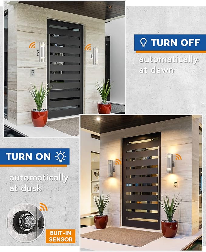 TENGXIN 2 Pack Dusk to Dawn Patio Wall Light Cylinder,Up Down Modern Outdoor Wall Sconce with Stainless Steel | Lumora