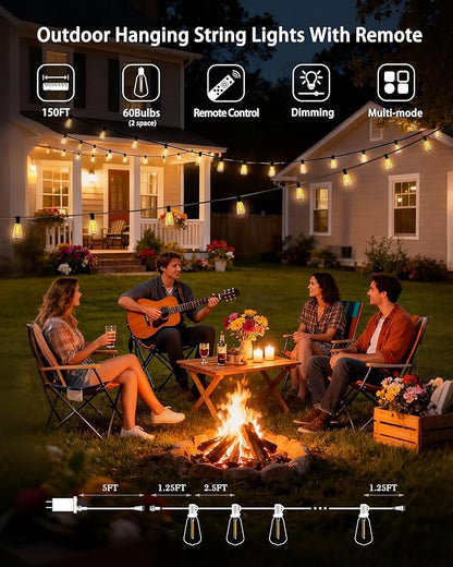 Outdoor String Lights Dimmable Waterproof with Remote, 150FT 58+2 Shatterproof ST38 Edison LED Bulbs Hanging Outside Light for Patio, Backyard, Porch, Deck, Balcony, Garden